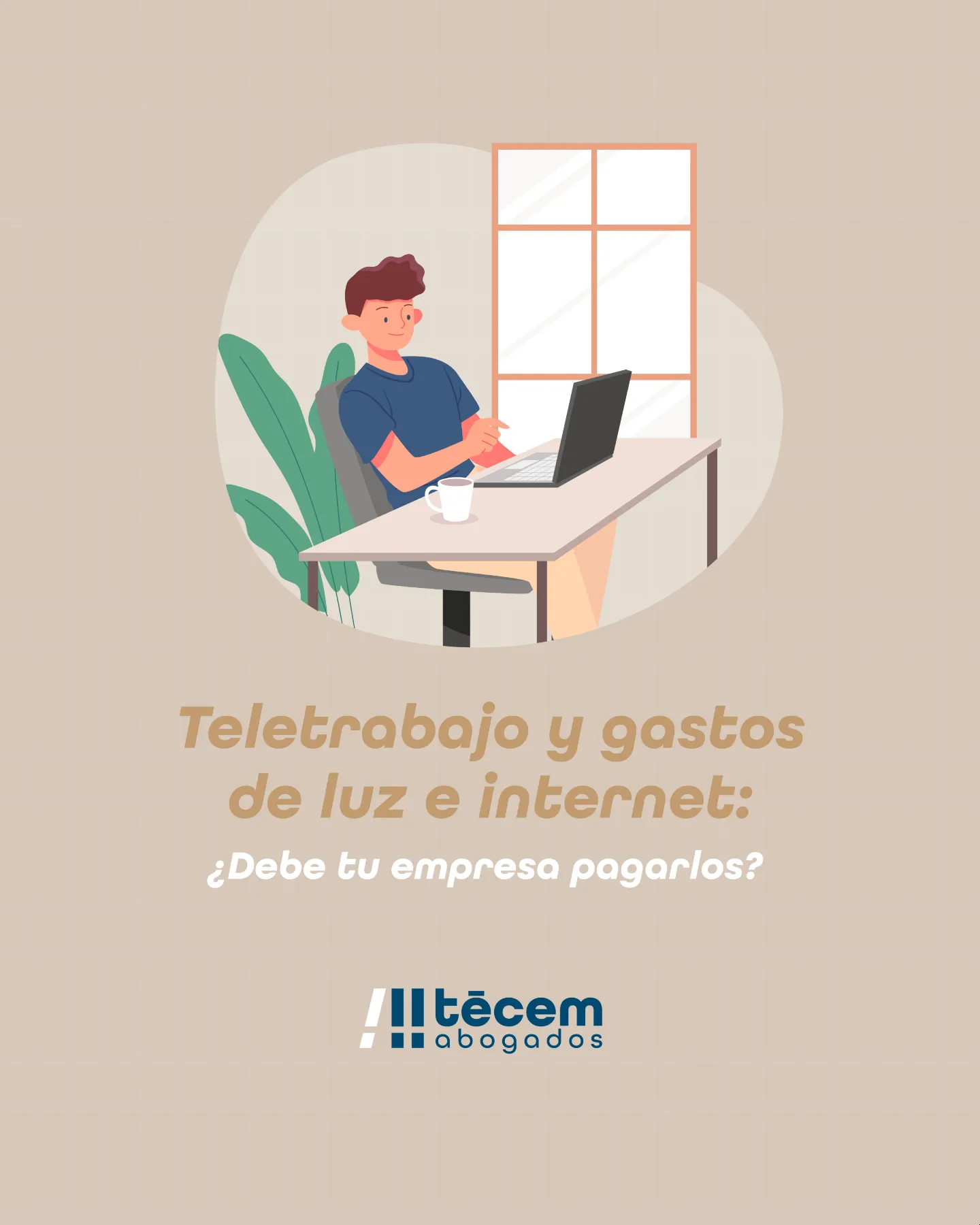 Ilustración sobre los gastos del teletrabajo: empleado con portátil y la pregunta de si la empresa debe pagar luz e internet